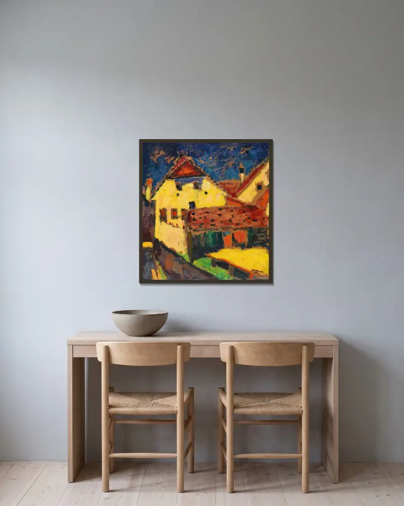 Gelbe Häuser von Alexej von Jawlensky gerahmt an einer Wand