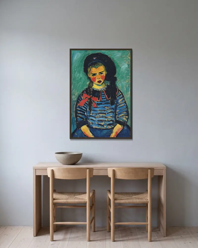 Flicka med rött band av Alexej von Jawlensky inramad på en vägg