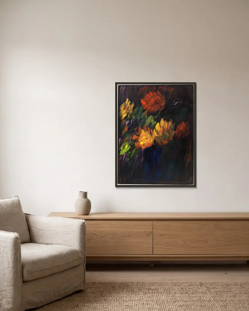 Großes Stillleben; Chrysanthemen von Alexej von Jawlensky gerahmt an einer Wand