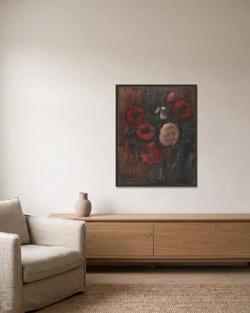 Stort stilleben; Grön kruka med pioner (Mörk rosbukett) av Alexej von Jawlensky inramad på en vägg