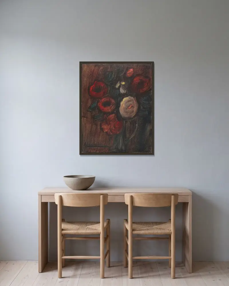 Stort stilleben; Grön kruka med pioner (Mörk rosbukett) av Alexej von Jawlensky inramad på en vägg