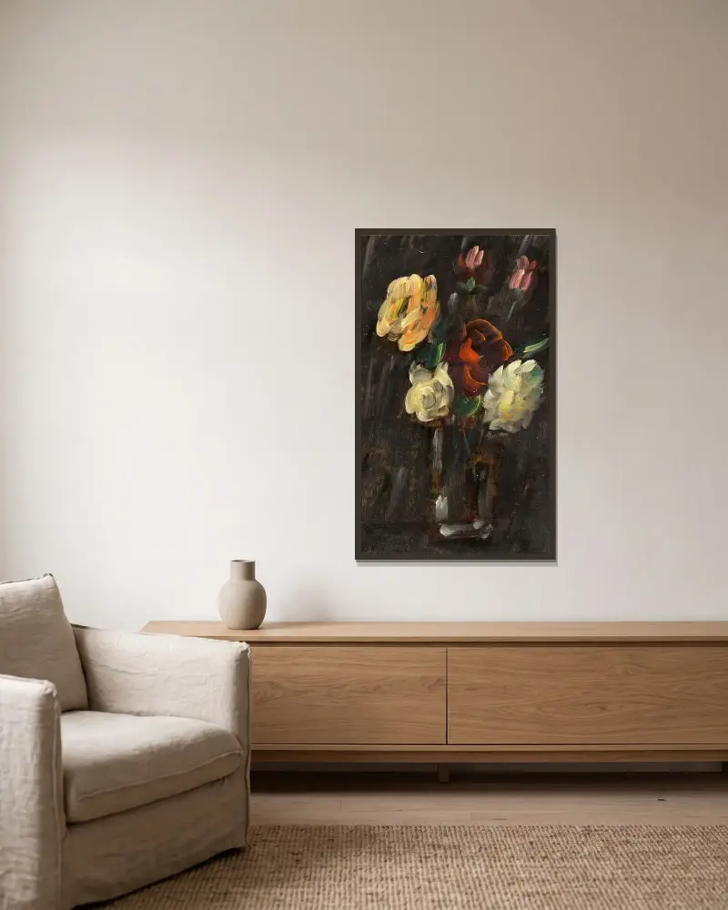 Stort stilleben; Stilleben mot svart bakgrund, ljust glas med rosa och röda rosor av Alexej von Jawlensky inramad på en vägg