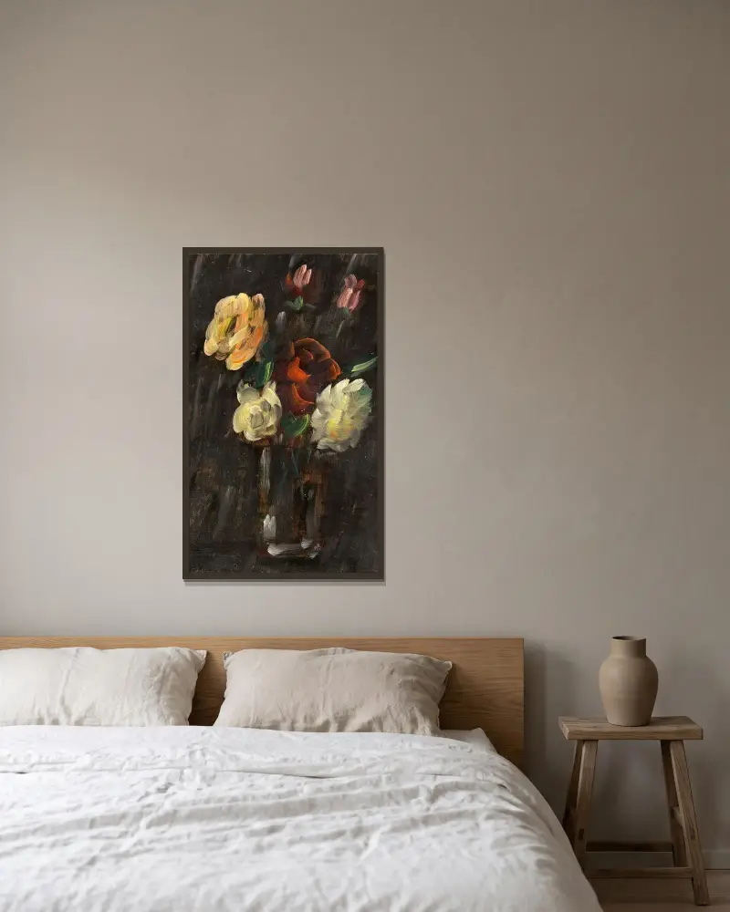 Stort stilleben; Stilleben mot svart bakgrund, ljust glas med rosa och röda rosor av Alexej von Jawlensky inramad på en vägg