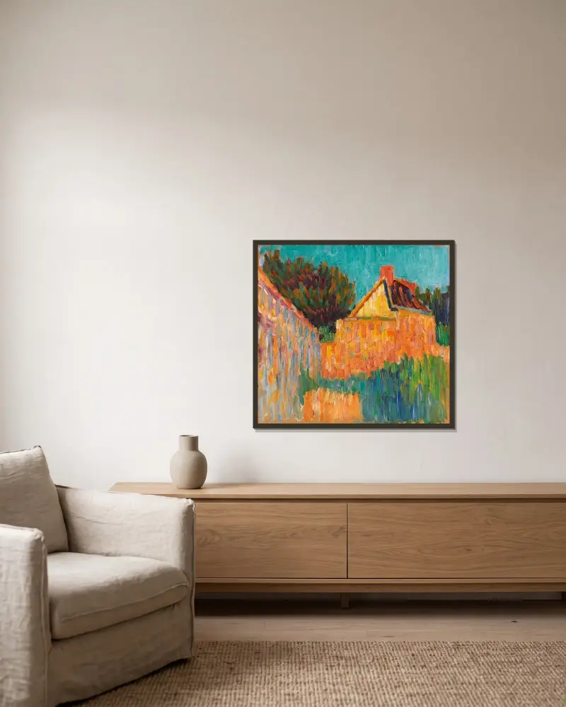 Kleines Haus vor Buschwerk (Französische Landschaft) von Alexej von Jawlensky gerahmt an einer Wand
