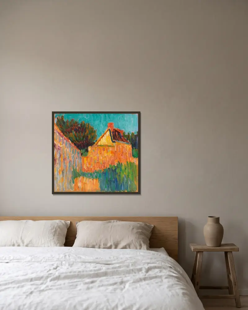 Kleines Haus vor Buschwerk (Französische Landschaft) von Alexej von Jawlensky gerahmt an einer Wand