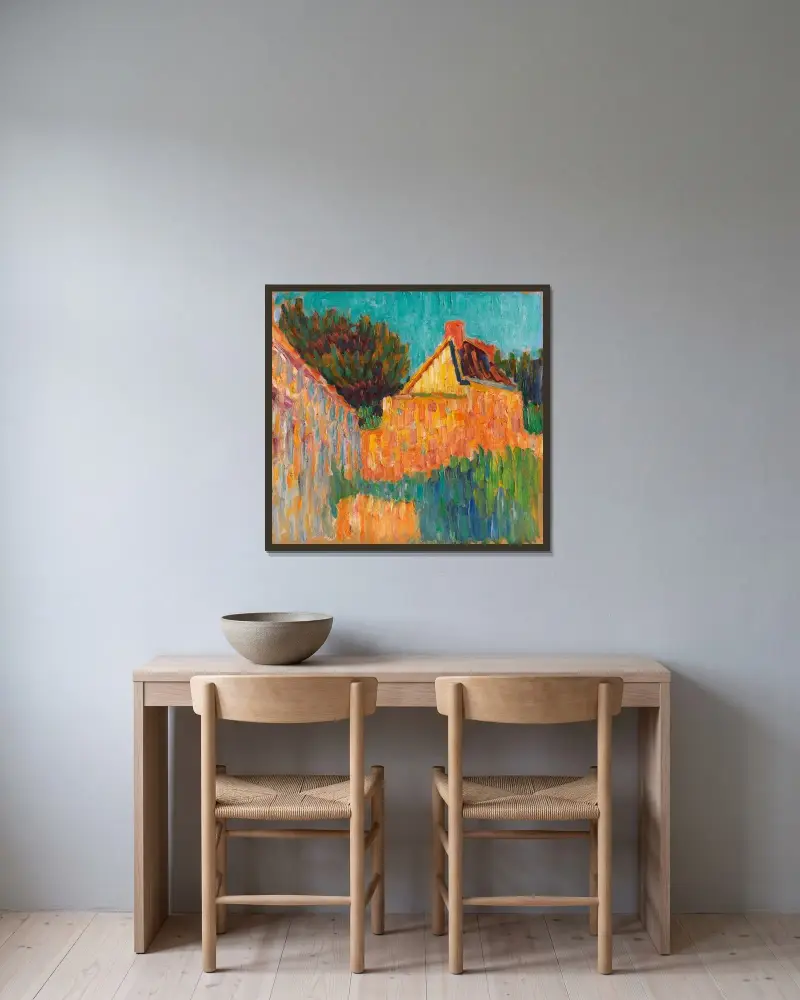 Kleines Haus vor Buschwerk (Französische Landschaft) von Alexej von Jawlensky gerahmt an einer Wand