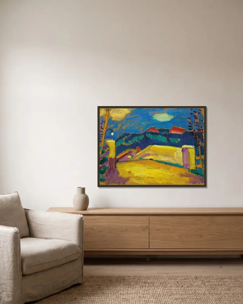 Landschaft mit Brücke av Alexej von Jawlensky inramad på en vägg
