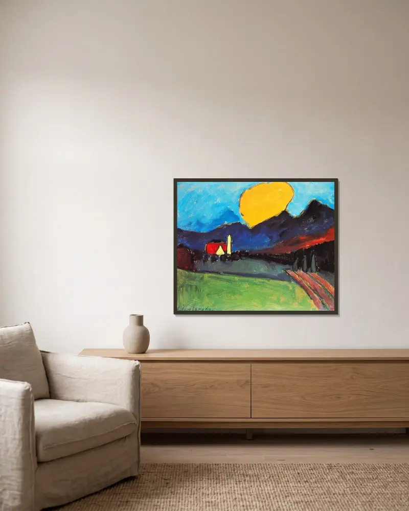 Landskap med orange moln av Alexej von Jawlensky inramad på en vägg