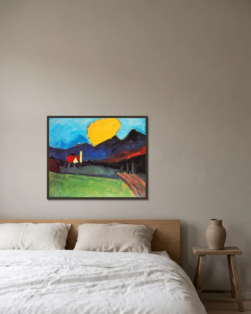 Landskap med orange moln av Alexej von Jawlensky inramad på en vägg