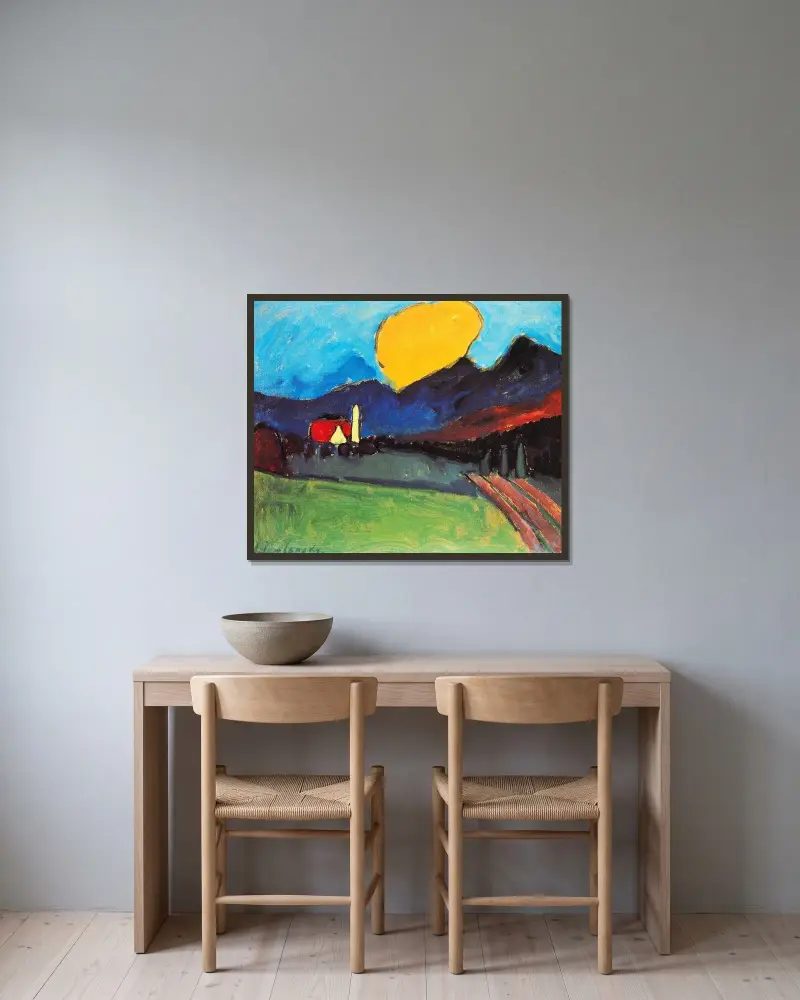Landskap med orange moln av Alexej von Jawlensky inramad på en vägg