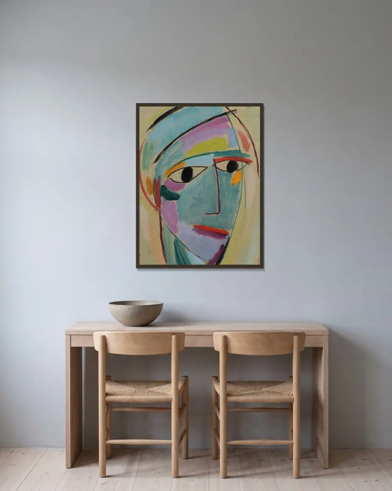 Mystiskt huvud, trekvartsprofil av Alexej von Jawlensky inramad på en vägg