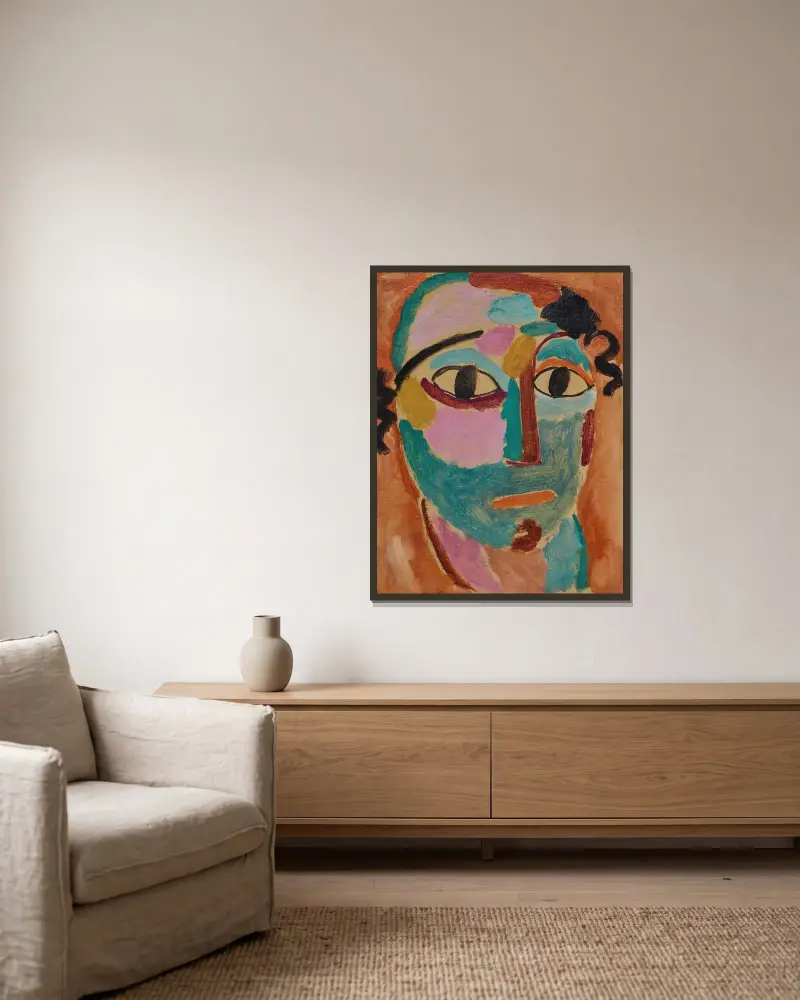 Mystiskt huvud; Häpnaden av Alexej von Jawlensky inramad på en vägg