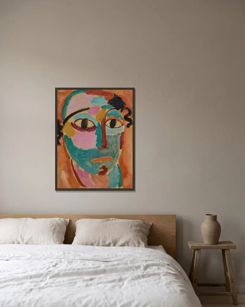 Mystiskt huvud; Häpnaden av Alexej von Jawlensky inramad på en vägg