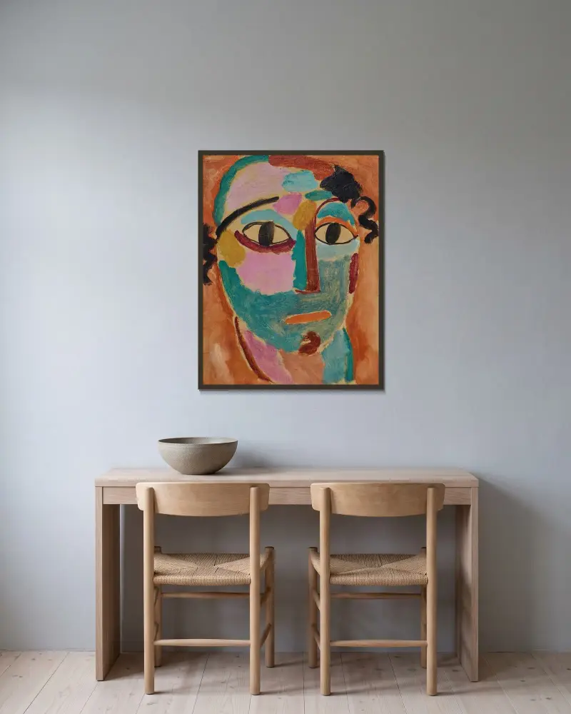 Mystiskt huvud; Häpnaden av Alexej von Jawlensky inramad på en vägg