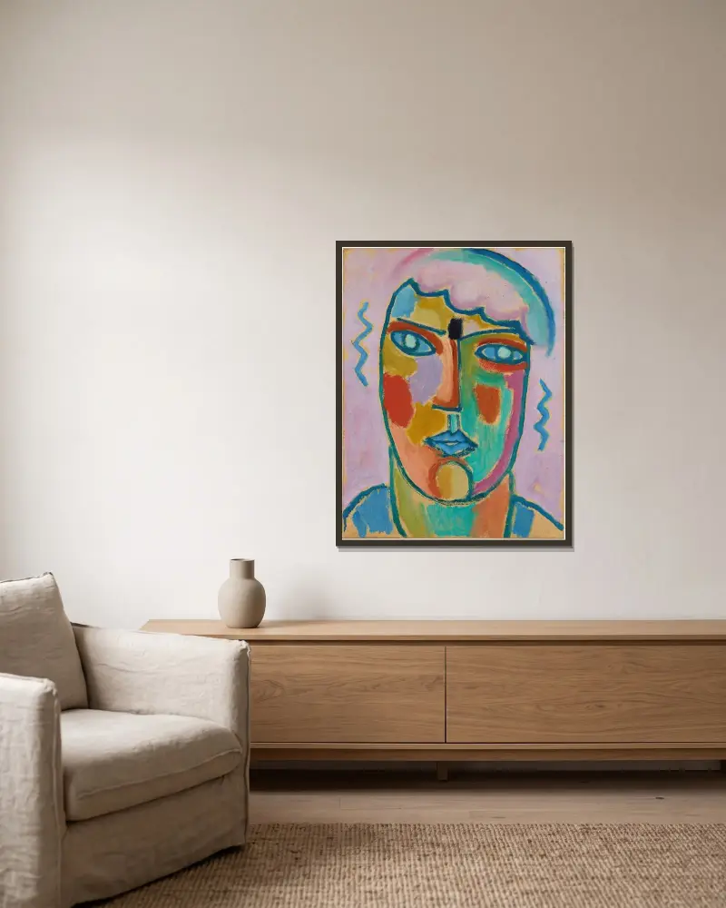 Mystiskt huvud; Huvud i lila och blått av Alexej von Jawlensky inramad på en vägg