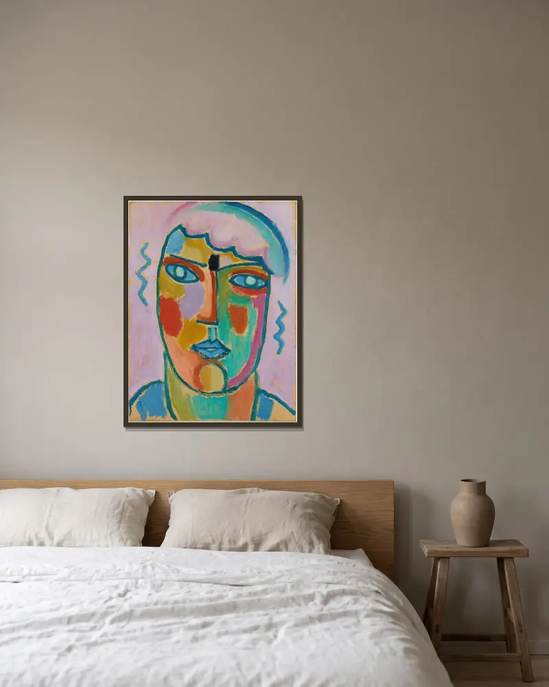 Mystiskt huvud; Huvud i lila och blått av Alexej von Jawlensky inramad på en vägg