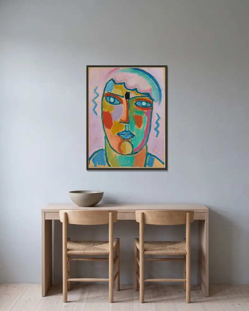 Mystiskt huvud; Huvud i lila och blått av Alexej von Jawlensky inramad på en vägg