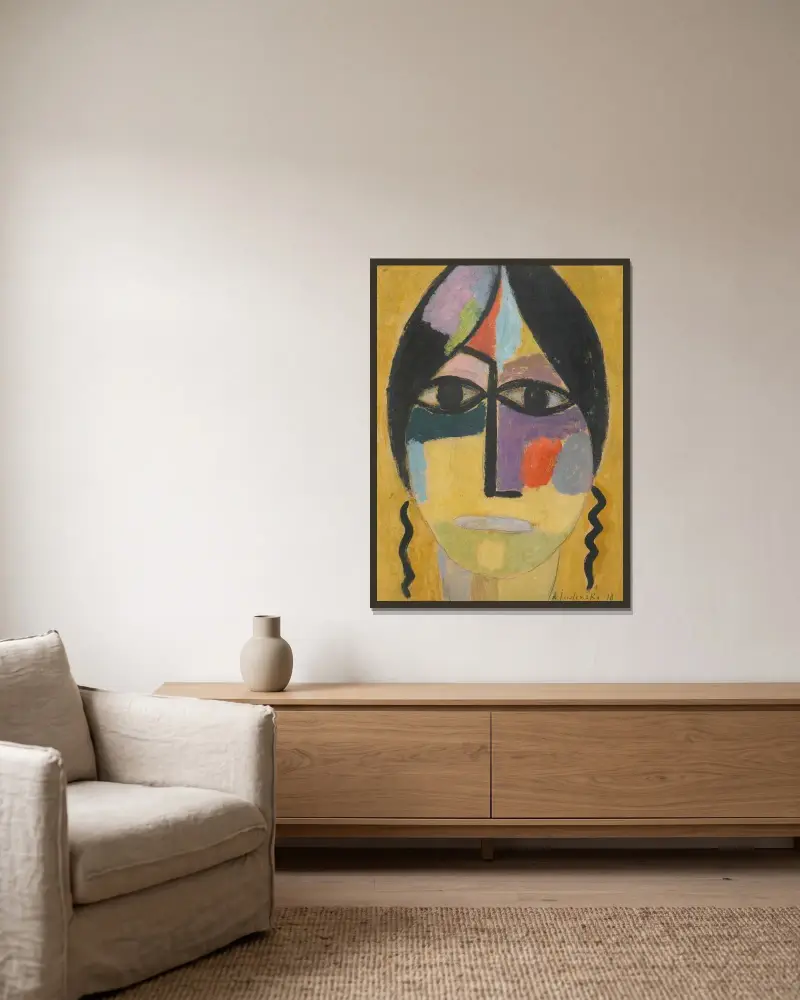 Mystiskt huvud; Korpen vinge IV av Alexej von Jawlensky inramad på en vägg
