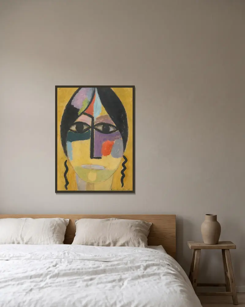 Mystiskt huvud; Korpen vinge IV av Alexej von Jawlensky inramad på en vägg