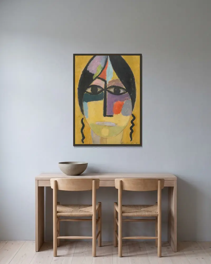 Mystiskt huvud; Korpen vinge IV av Alexej von Jawlensky inramad på en vägg
