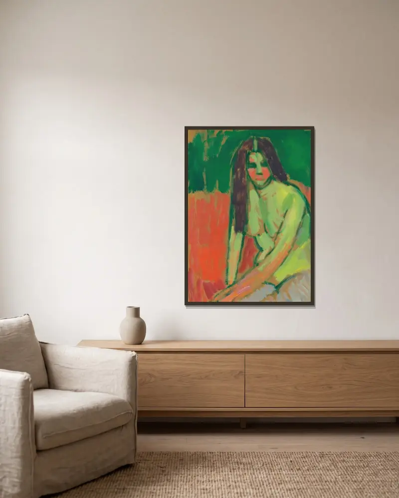 Sittande halvakt med långt hår av Alexej von Jawlensky inramad på en vägg