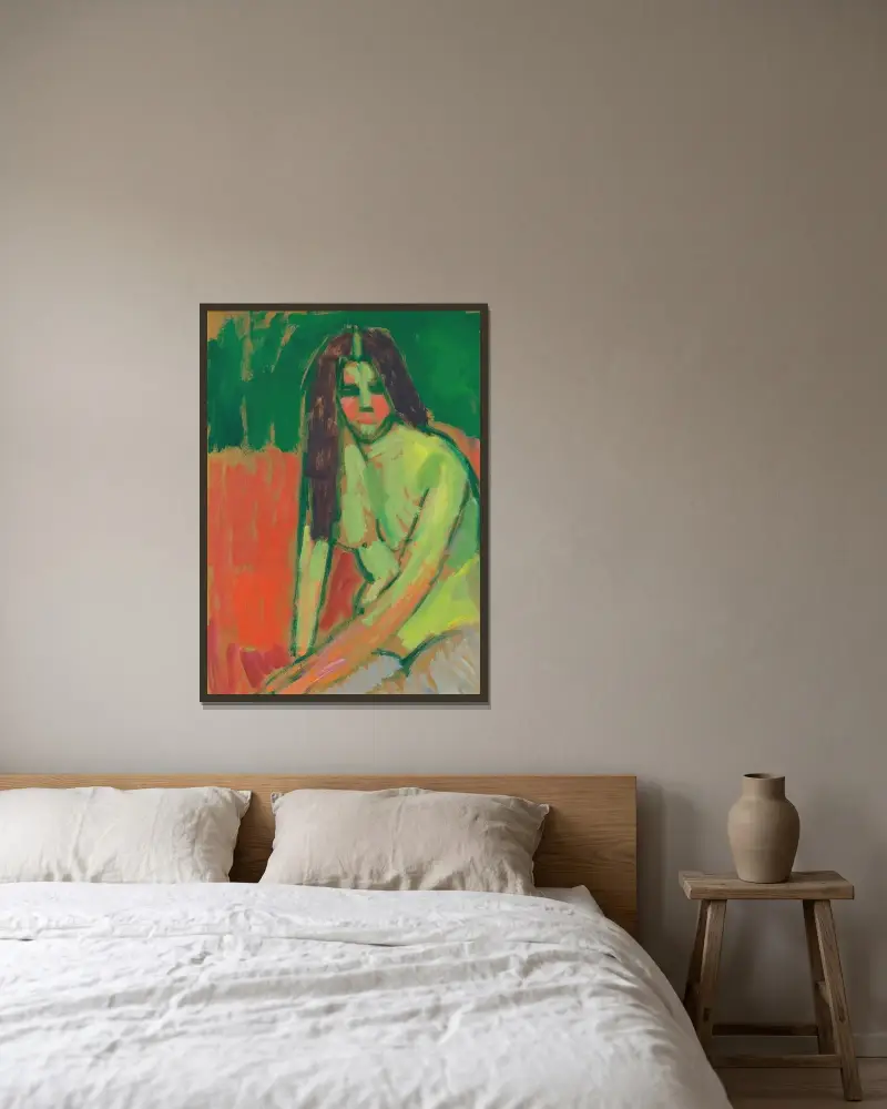 Sittande halvakt med långt hår av Alexej von Jawlensky inramad på en vägg