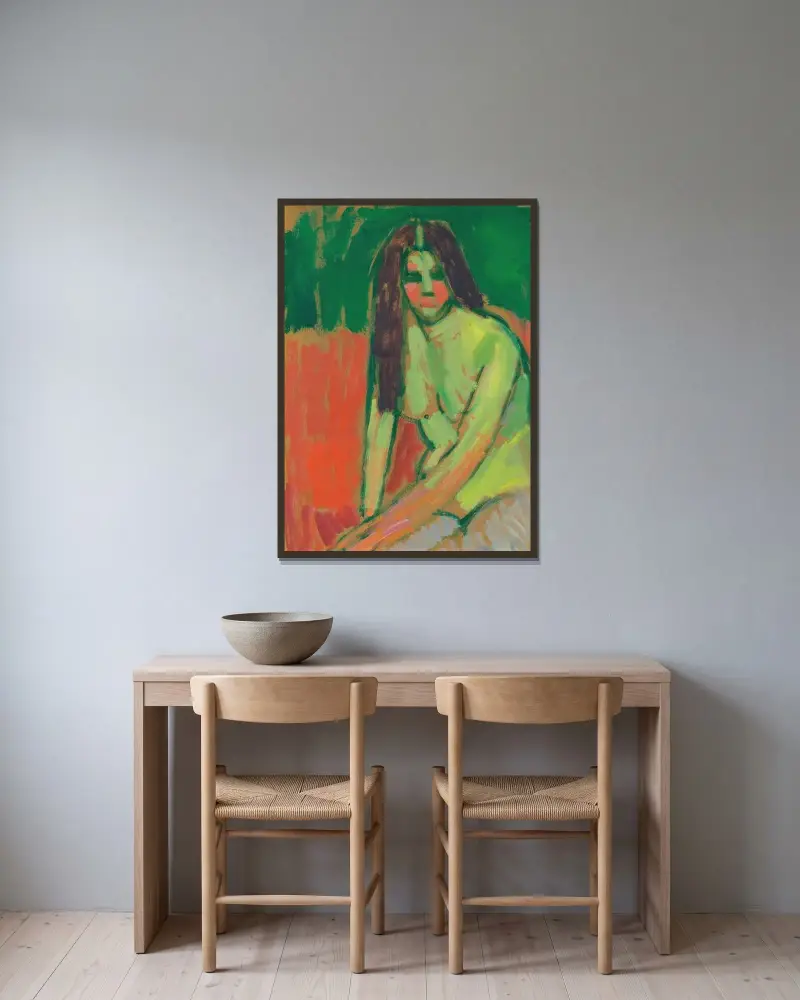 Sittande halvakt med långt hår av Alexej von Jawlensky inramad på en vägg