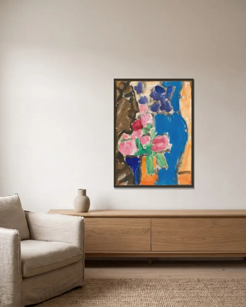 Martwa natura; Martwa natura z kwiatami, wazonem i postacią, półprofil, Alexej von Jawlensky w ramie na ścianie
