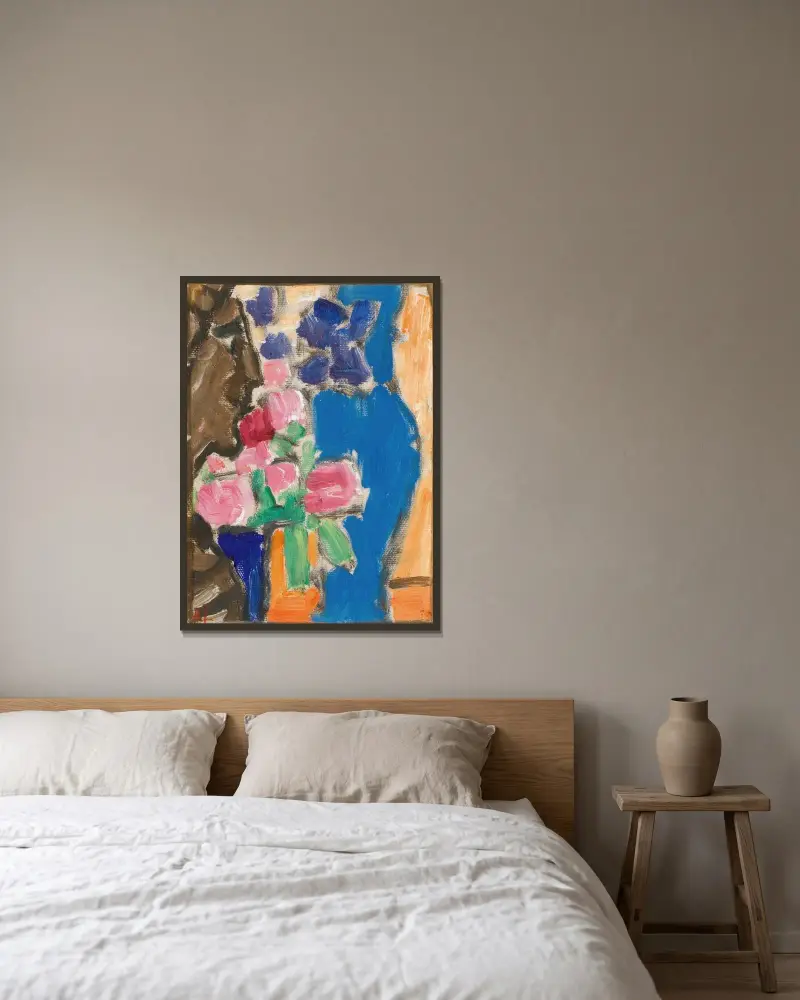 Martwa natura; Martwa natura z kwiatami, wazonem i postacią, półprofil, Alexej von Jawlensky w ramie na ścianie