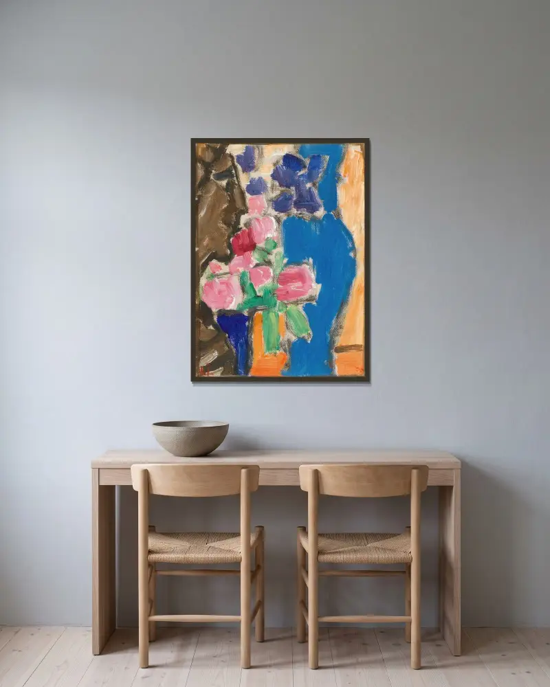 Martwa natura; Martwa natura z kwiatami, wazonem i postacią, półprofil, Alexej von Jawlensky w ramie na ścianie