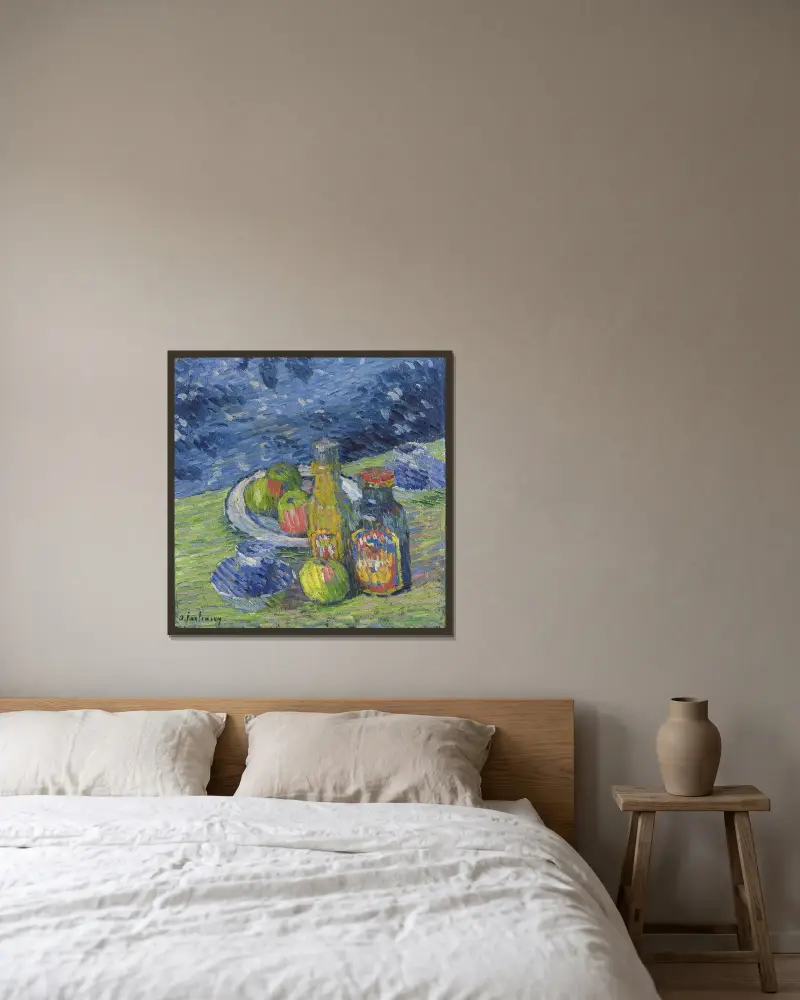 Stilleben med flaskor och frukt av Alexej von Jawlensky inramad på en vägg