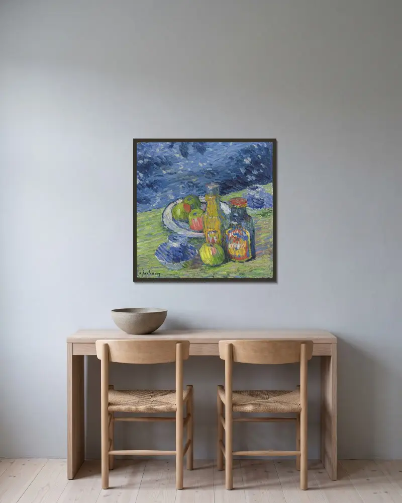 Stilleben med flaskor och frukt av Alexej von Jawlensky inramad på en vägg