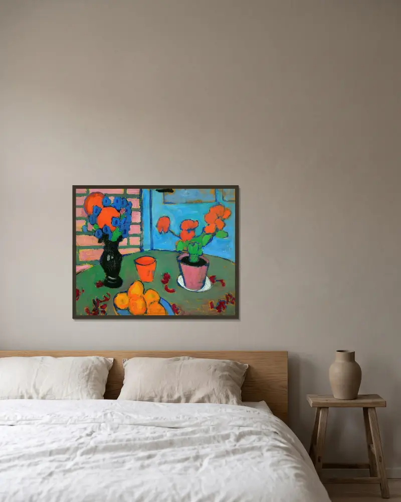 Stilleben med blommor och apelsiner av Alexej von Jawlensky inramad på en vägg