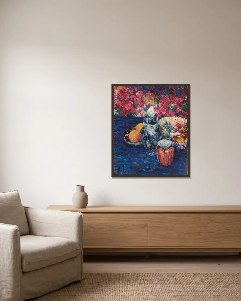 Stilleben mit Blumen und Früchten von Alexej von Jawlensky gerahmt an einer Wand