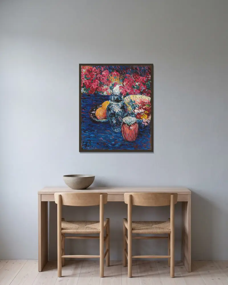 Stilleben mit Blumen und Früchten von Alexej von Jawlensky gerahmt an einer Wand