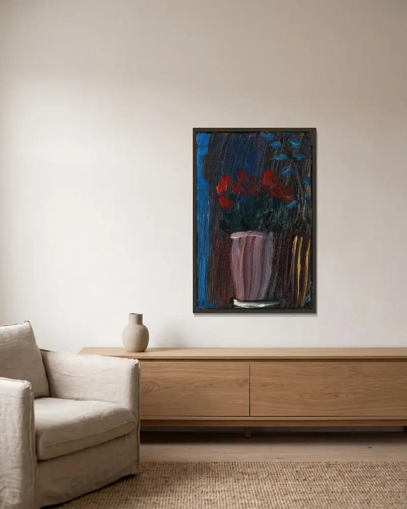 Stilleben; alpenveilchen erblühen av Alexej von Jawlensky inramad på en vägg