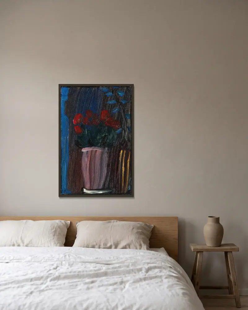 Stilleben; alpenveilchen erblühen av Alexej von Jawlensky inramad på en vägg