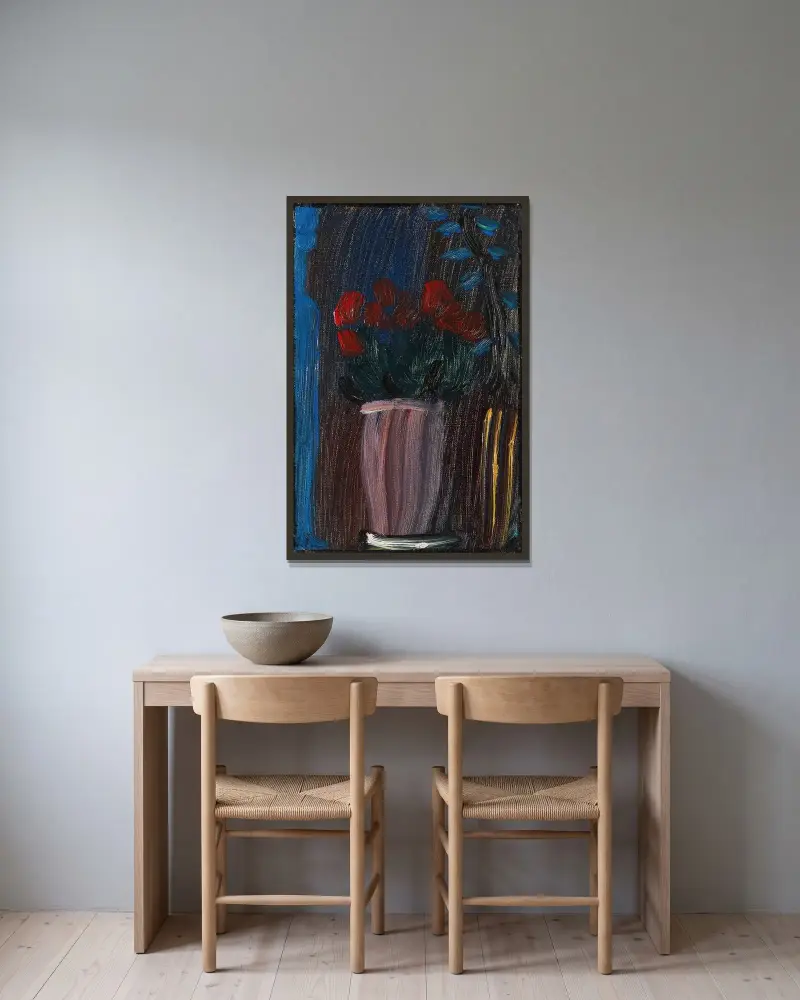 Stilleben; alpenveilchen erblühen av Alexej von Jawlensky inramad på en vägg