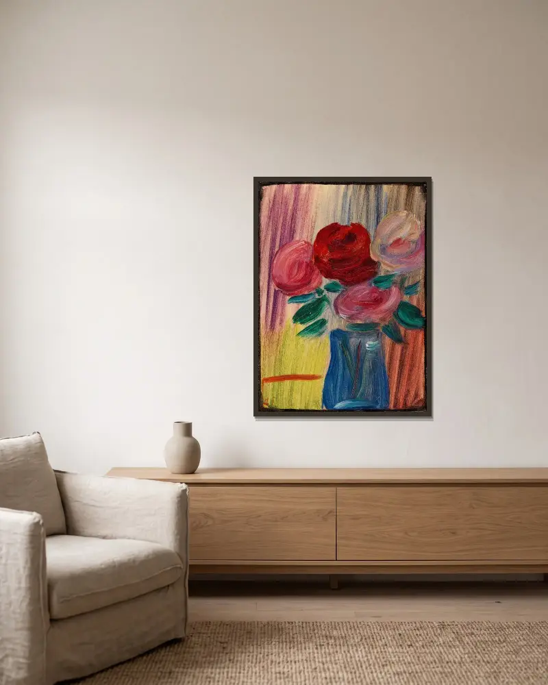Stilleben blommor i blå vas av Alexej von Jawlensky inramad på en vägg