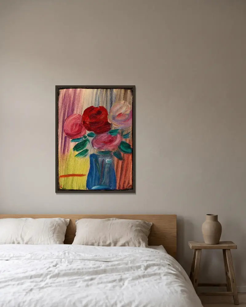 Stilleben blommor i blå vas av Alexej von Jawlensky inramad på en vägg