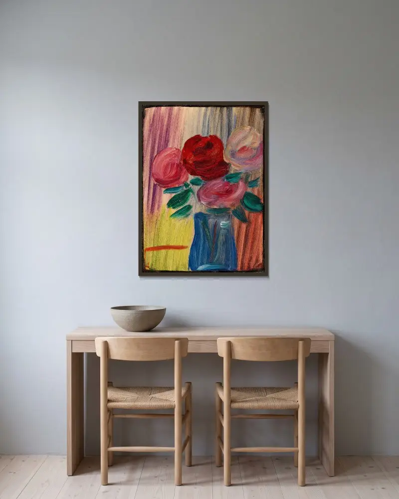 Stilleben blommor i blå vas av Alexej von Jawlensky inramad på en vägg