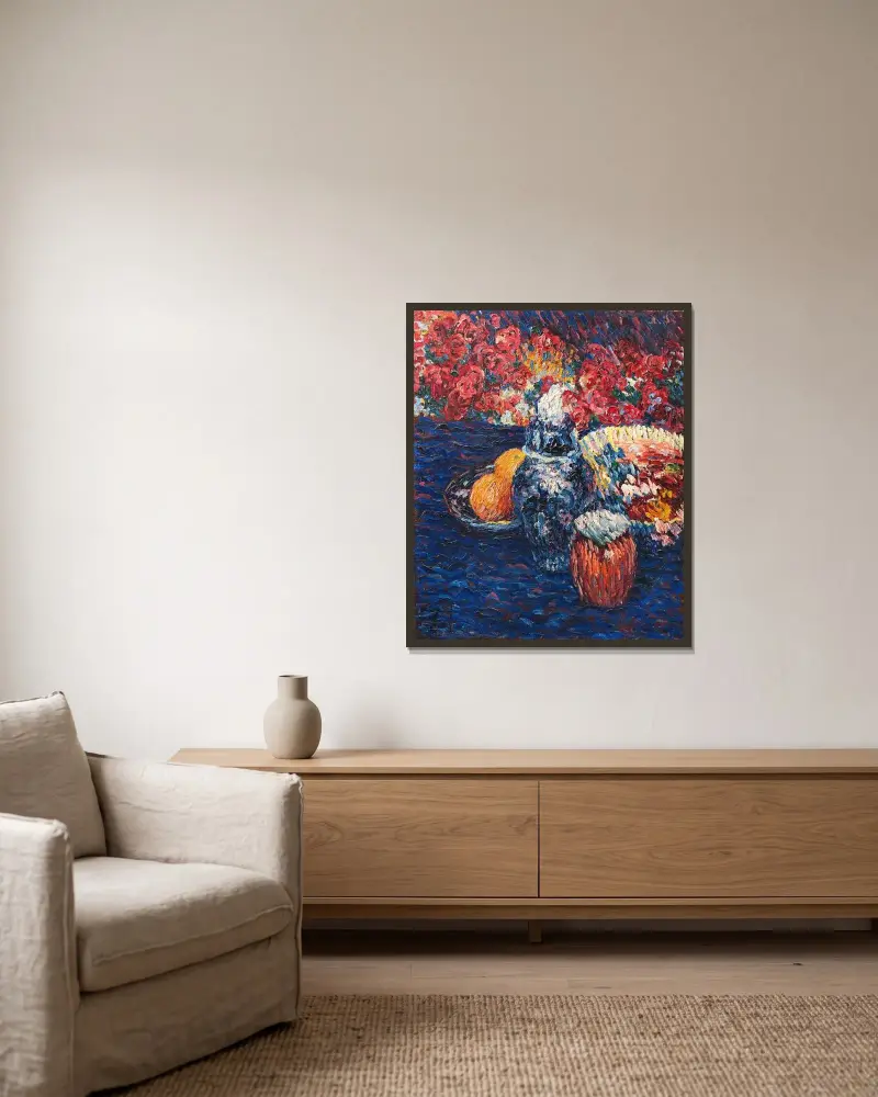 Stilleben med blommor och frukter av Alexej von Jawlensky inramad på en vägg