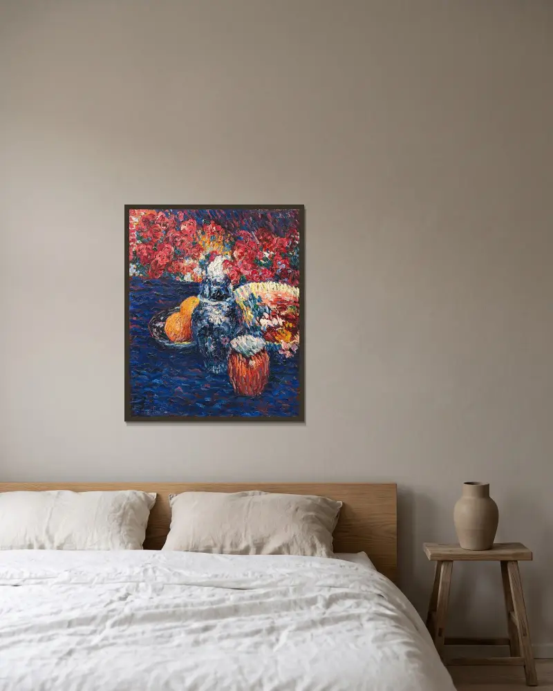 Stilleben med blommor och frukter av Alexej von Jawlensky inramad på en vägg