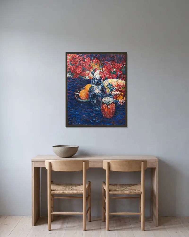 Stilleben med blommor och frukter av Alexej von Jawlensky inramad på en vägg