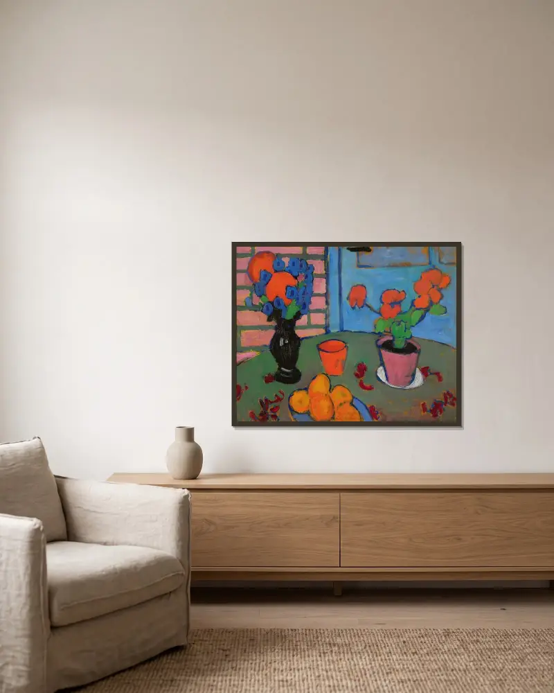 Stilleben med blommor och apelsiner av Alexej von Jawlensky inramad på en vägg