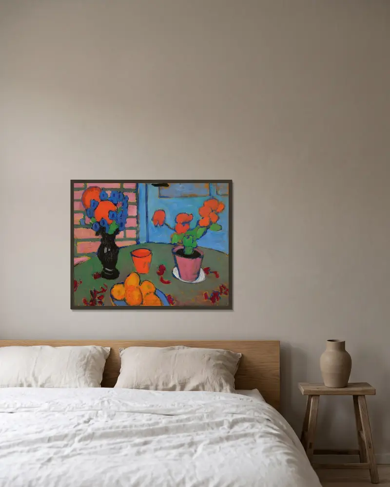 Stilleben med blommor och apelsiner av Alexej von Jawlensky inramad på en vägg