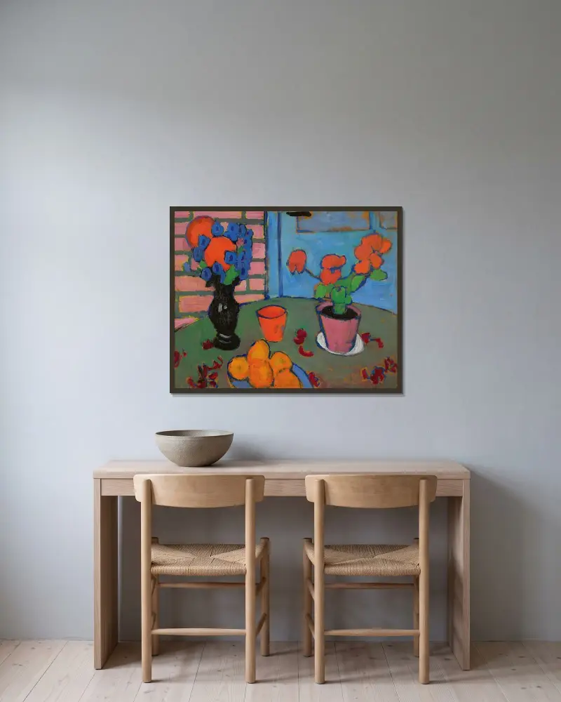 Stilleben med blommor och apelsiner av Alexej von Jawlensky inramad på en vägg