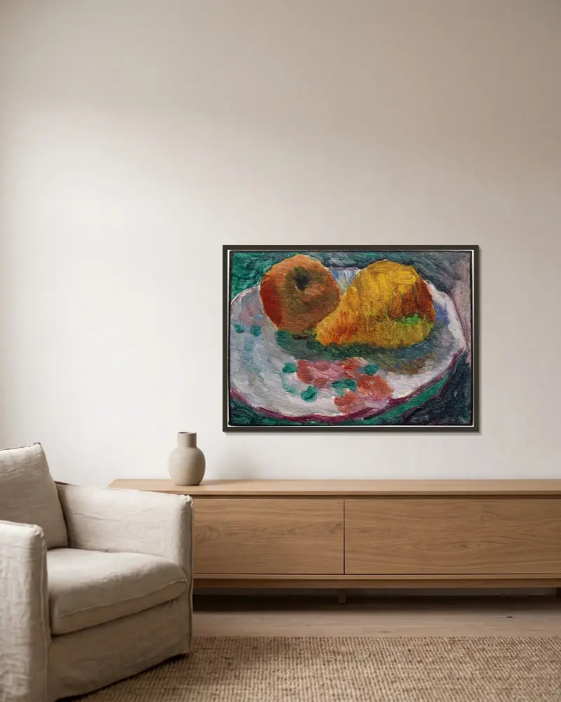Stilleben med fajansfat och frukter av Alexej von Jawlensky inramad på en vägg