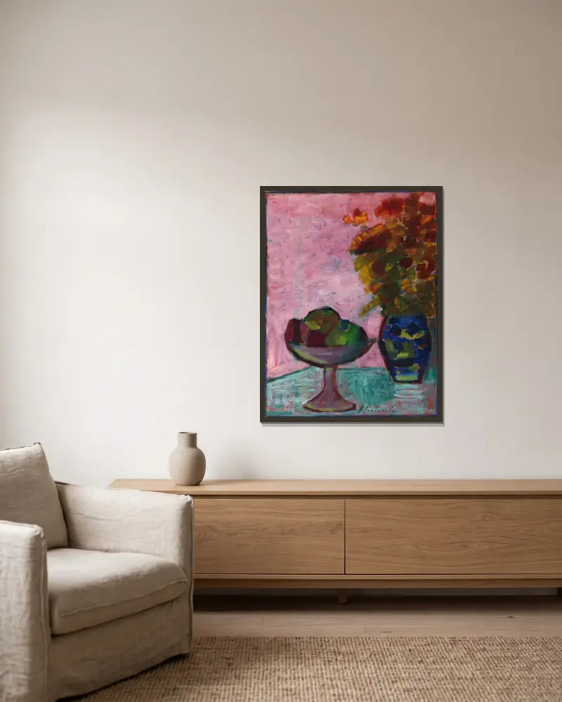 Stilleben med fruktskål och blomvas av Alexej von Jawlensky inramad på en vägg