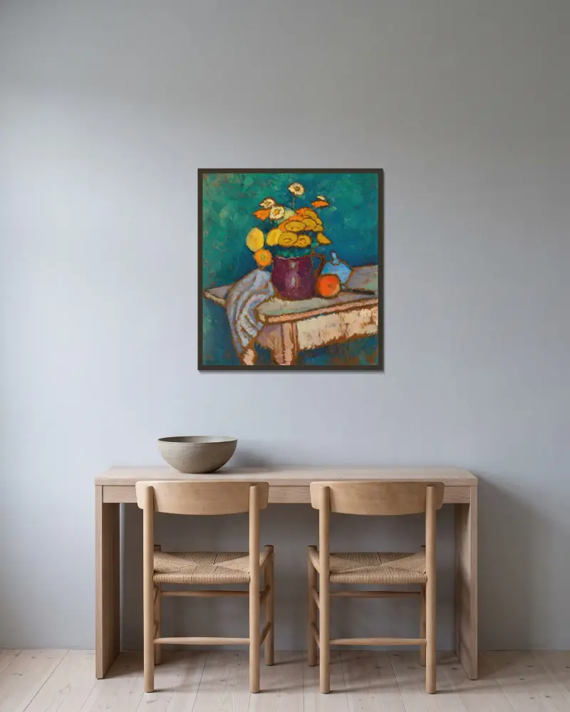 Stilleben med duk, blommor i kruka, äpple och behållare på bord av Alexej von Jawlensky inramad på en vägg